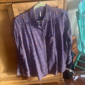 Free People Break My Stride Cotton Gauzy Purple/Metallic Plaid Boxy Shir…